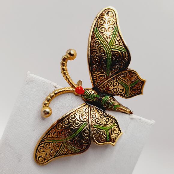 Vintage Damascene Butterfly Brooch, Gold Tone Green Black Red Enamel – 2 ¾” - Picture 5 of 9